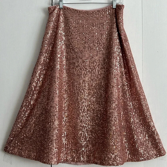Loft Rose Gold Mesh Sequin Midi A-Line Skirt Lined Side Zip Size 10P NWT - Picture 2 of 12